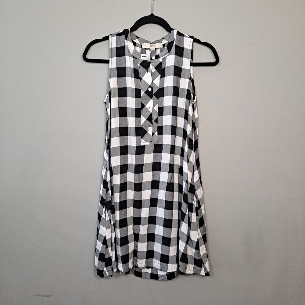 LOFT Gingham Sleeveless Black & White Mini Dress Check Tunic Pockets XS